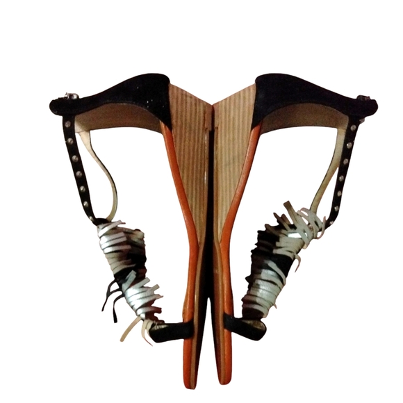 Matt Bernson Studded Fringed Sandals Black and White Suede Thong Wedge Sandals - Picture 5 of 12